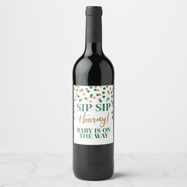 Green Gold Confetti Sip Sip Hooray Wine Label (Front)