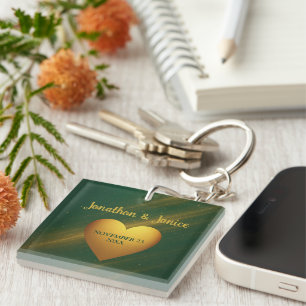 Green & Gold Couples Names & Wedding Date Key Ring