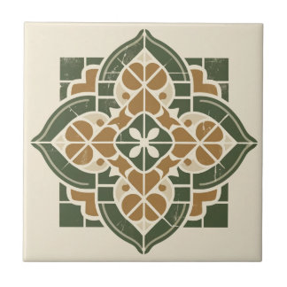 Green, Gold & Cream Geometric Pattern Ceramic Tile