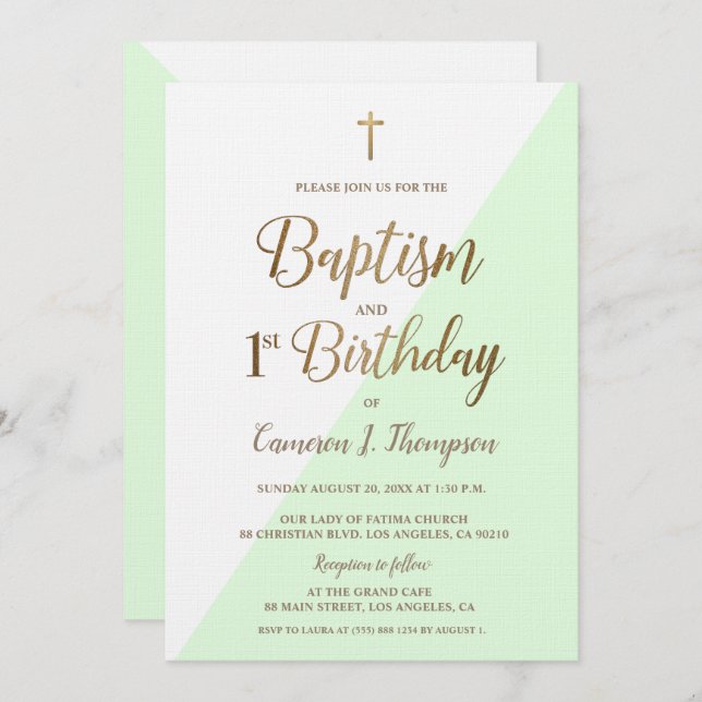 Green Gold Cross Baptism 1st Birthday Invitation (Front/Back)
