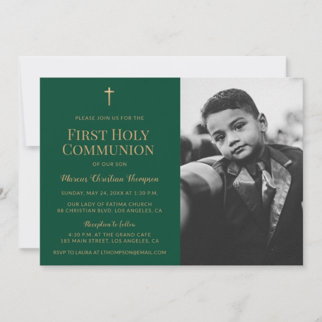 Green Gold Cross Boy First holy communion   Invitation (Front)