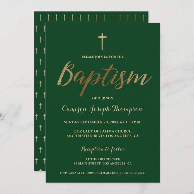 Green Gold Cross Custom Baby boy Baptism Invitation (Front/Back)