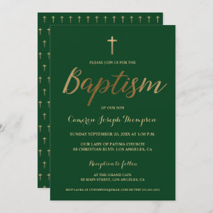 Green Gold Cross Custom Baby boy Baptism Invitation