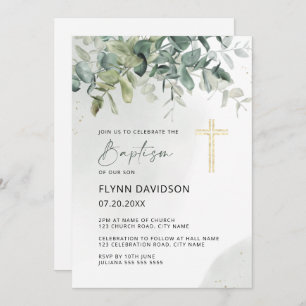 Green & Gold Cross Greenery Baptism Christening Invitation
