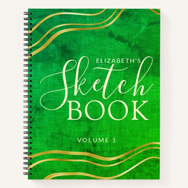 Green Gold Custom Name Modern Sketchbook Notebook (Front)
