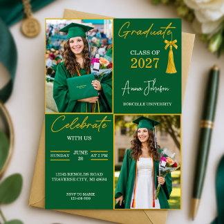 Green & Gold Custom Photo Graduation Party Invitation