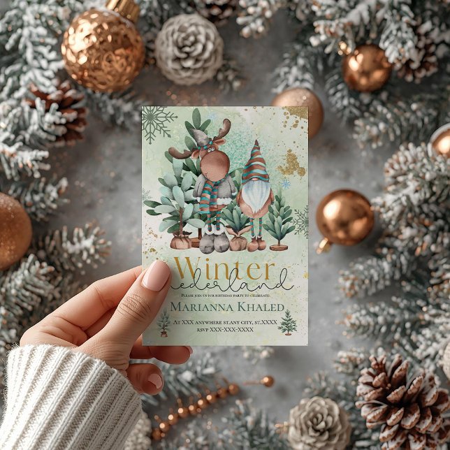Green Gold Cute  Christmas Gnome Deer Birthday Invitation (Creator Uploaded)