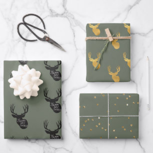 Green Gold Deer Wrapping Paper Sheet