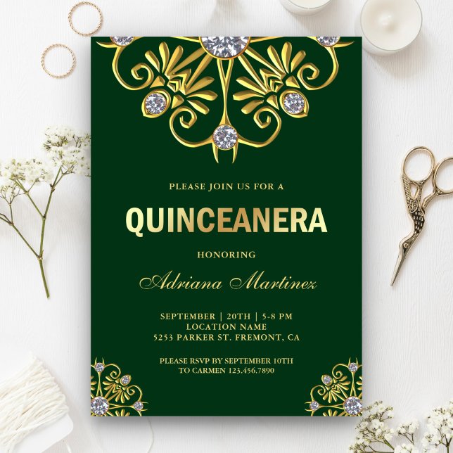Green Gold Diamond Mandala Quinceanera Invitation (Creator Uploaded)