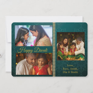 Green Gold Diwali Photo Personalised Greeting Card