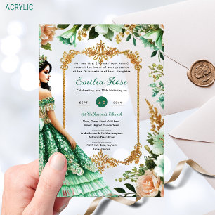 Green Gold Dress Quinceañera Emerald Mis Quince Acrylic Invitations