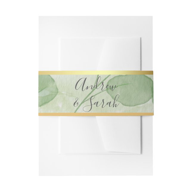 Green & Gold Elegant Eucalyptus Minimalist Invitation Belly Band (Front Example)