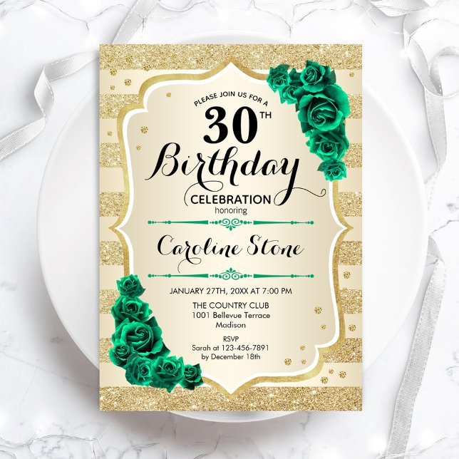 Green Gold Elegant Floral 30th Birthday Invitation (Creator Uploaded)