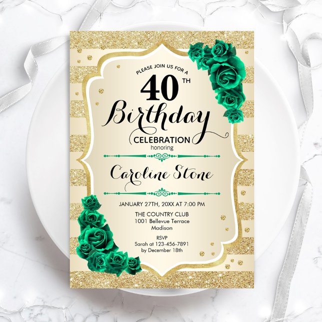 Green Gold Elegant Floral 40th Birthday Invitation (Creator Uploaded)