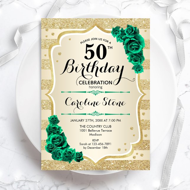 Green Gold Elegant Floral 50th Birthday Invitation (Creator Uploaded)