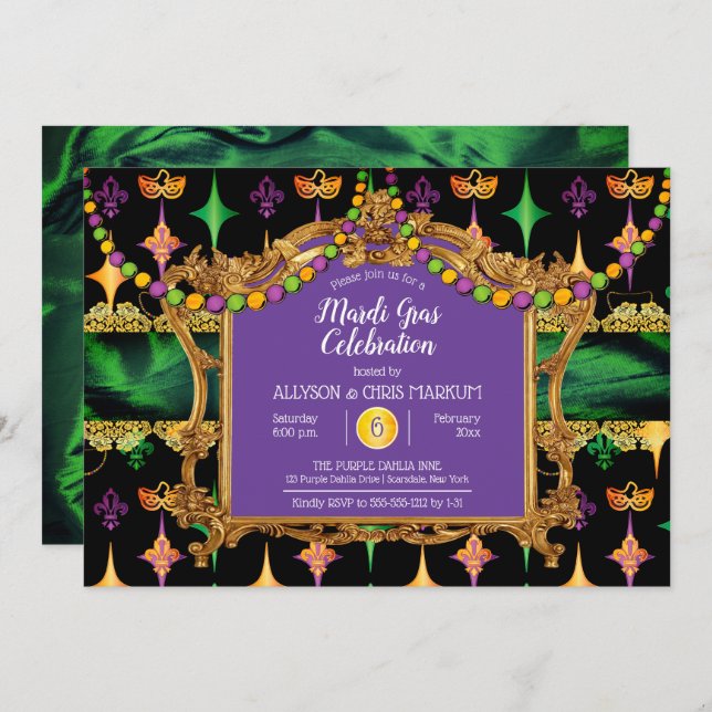 Green | Gold Elegant Floral Mardi Gras Party Invitation (Front/Back)