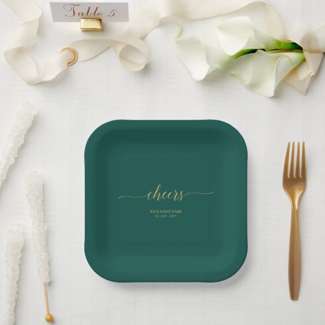 Green & Gold Elegant  Lettering Cheers Event Party Paper Plate (Wedding)