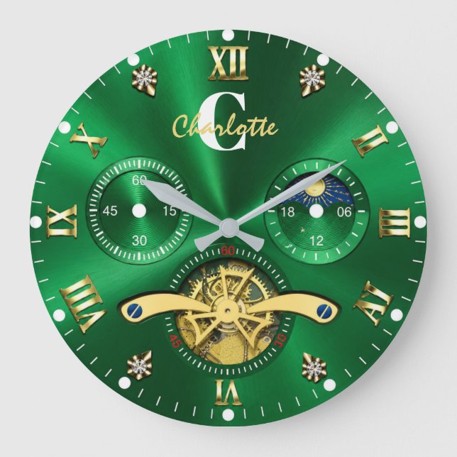  Green Gold Elegant Luxury Emerald Large Clock (Front)