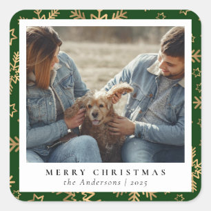 Green Gold Elegant Merry Christmas Custom Photo Square Sticker