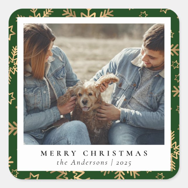 Green Gold Elegant Merry Christmas Custom Photo Square Sticker (Front)
