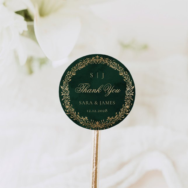 Green Gold Emerald Botanical Wedding Thank you Classic Round Sticker (Creator Uploaded)