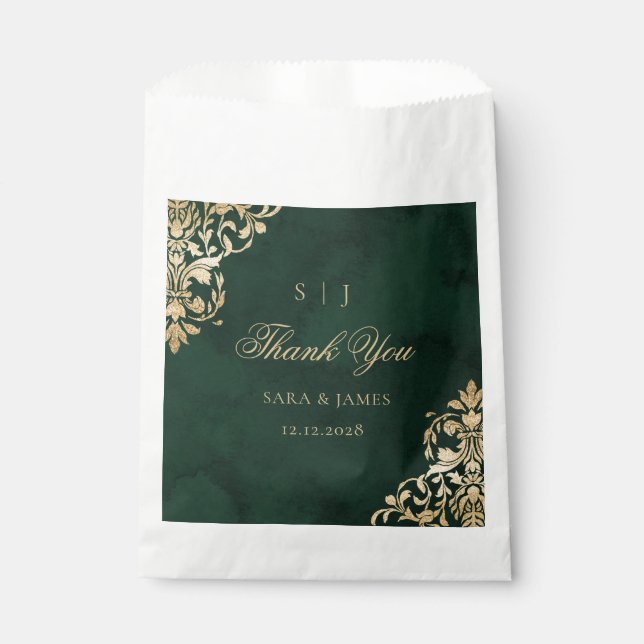 Green Gold Emerald Victorian Wedding Thank you Favour Bag (Front)