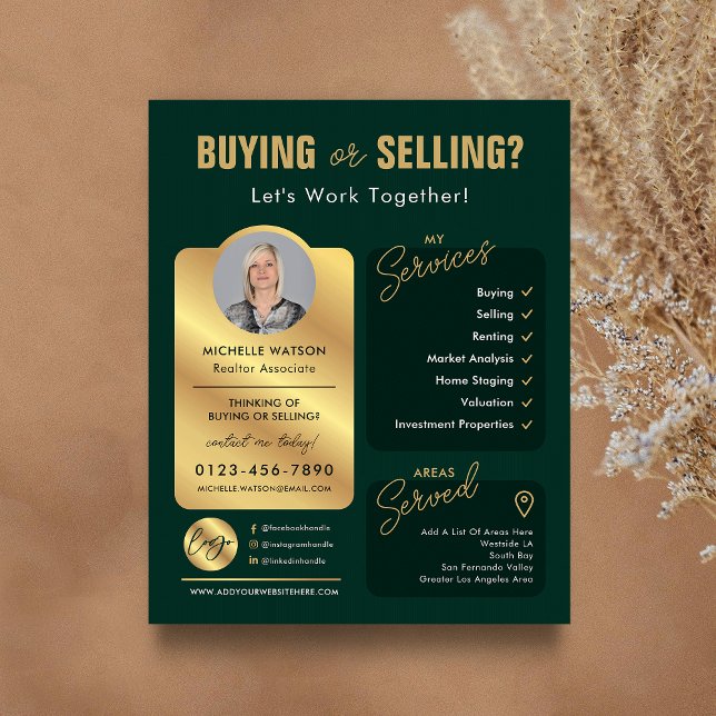 Green & Gold Estate Agent Logo Realty Flyer (Modern green and gold real estate agent marketing flyer with your custom photo and logo)