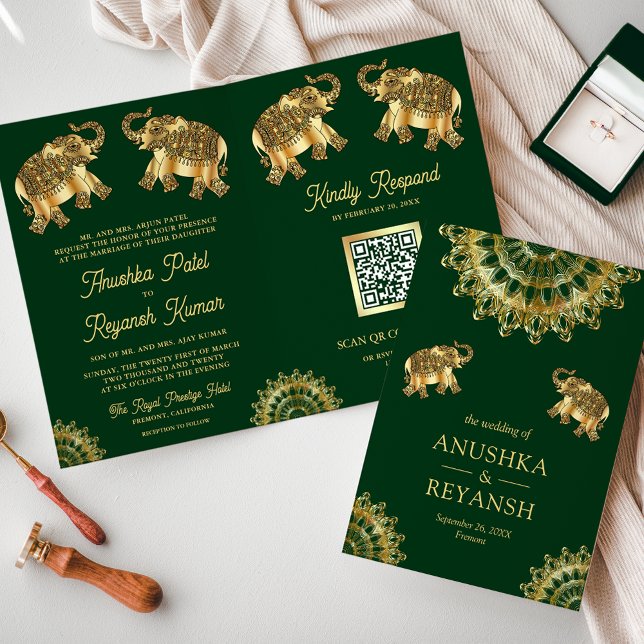 Green Gold Ethnic Elephants Indian QR Code Wedding Invitation (Creator Uploaded)