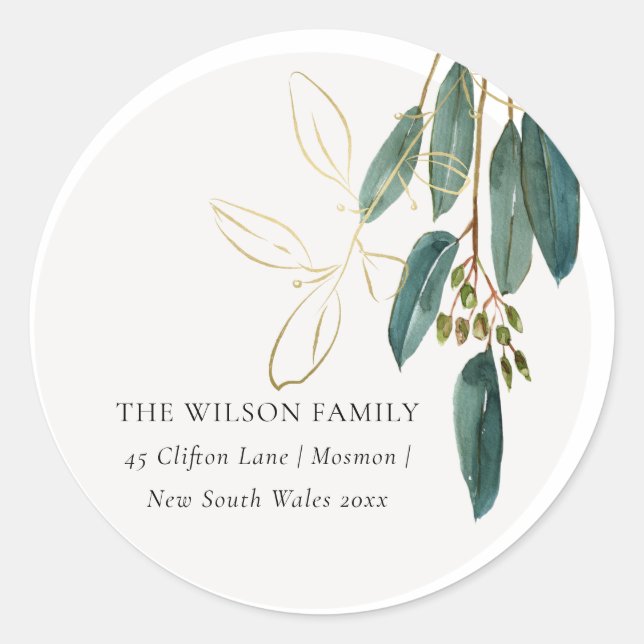 Green Gold Eucalyptus Branch We have Moved Address Classic Round Sticker (Front)