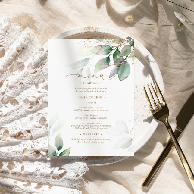 Green & Gold Eucalyptus Floral Wedding Menu (Creator Uploaded)