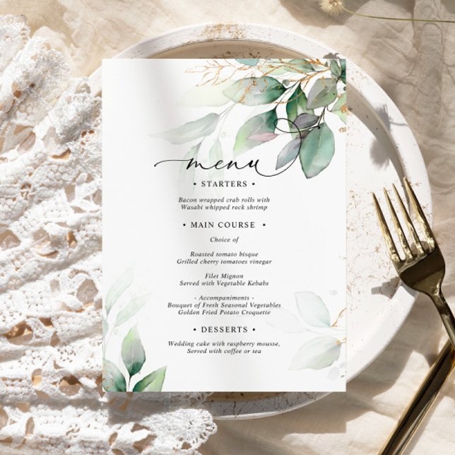Green & Gold Eucalyptus Floral Wedding Menu (Creator Uploaded)