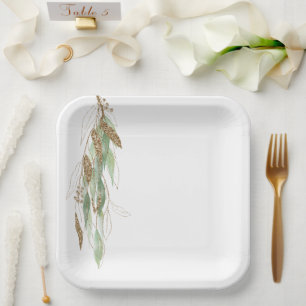 Green Gold Eucalyptus Glitzy Glitter Wedding  Paper Plate