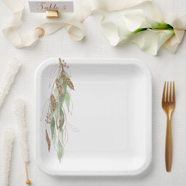 Green Gold Eucalyptus Glitzy Glitter Wedding  Paper Plate (Wedding)