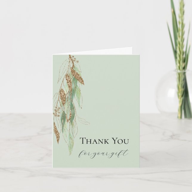 Green Gold Eucalyptus Glitzy Glitter Wedding  Thank You Card (Front)
