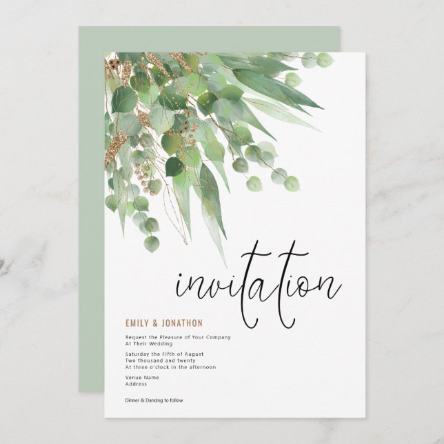 Green Gold Eucalyptus Leaf Elegant Script Wedding Invitation (Front/Back)