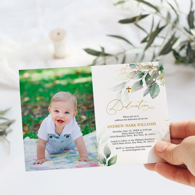 Green & Gold Eucalyptus Photo Dedication Invitation (Creator Uploaded)