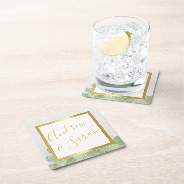Green & Gold Eucalyptus  Square Paper Coaster (Insitu)