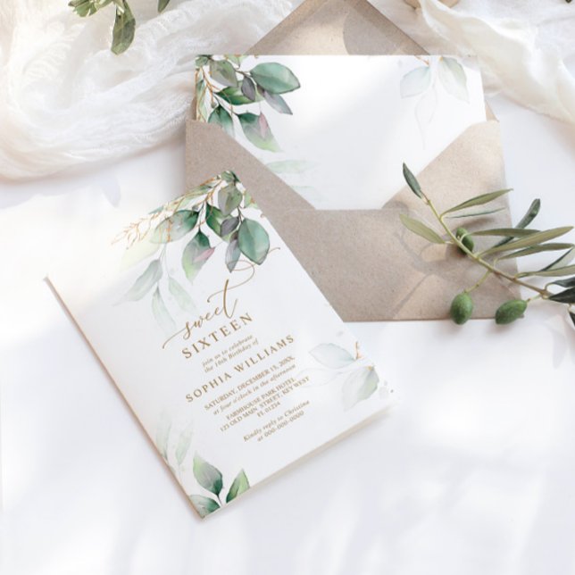 Green & Gold Eucalyptus Sweet 16 Birthday Invitation (Creator Uploaded)