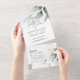 Green & Gold Eucalyptus Wedding All in One Invitation