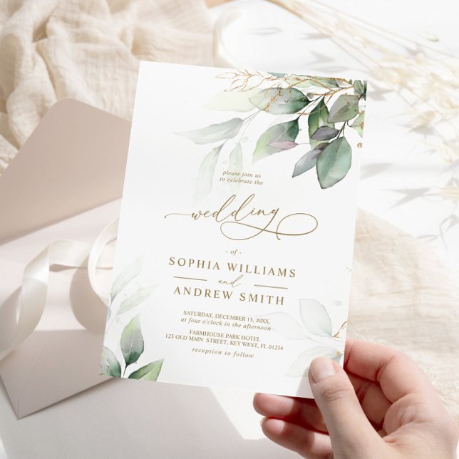 Green & Gold Eucalyptus Wedding Invitation (Creator Uploaded)