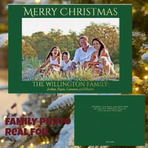 Green Gold Family Photo Merry Christmas  Foil Holiday Card