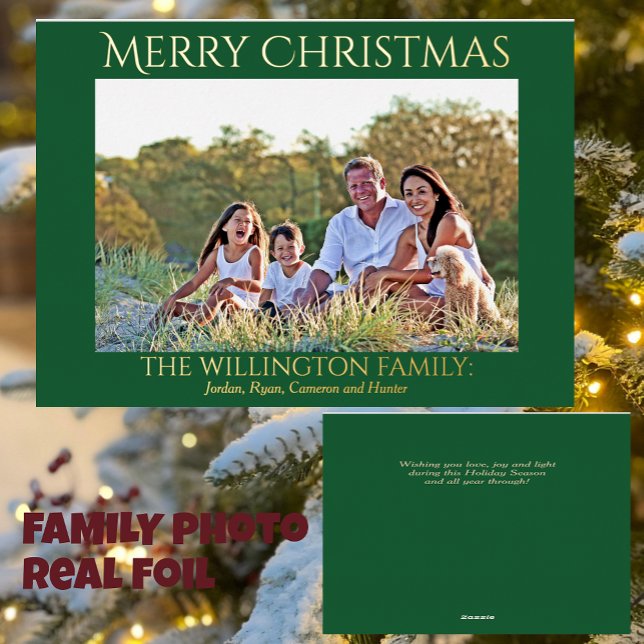 Green Gold Family Photo Merry Christmas  Foil Holiday Card (Creator Uploaded)