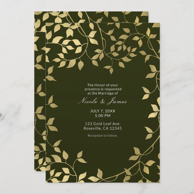 Green & Gold Faux Foil Botanical Leaves Wedding Invitation (Front/Back)