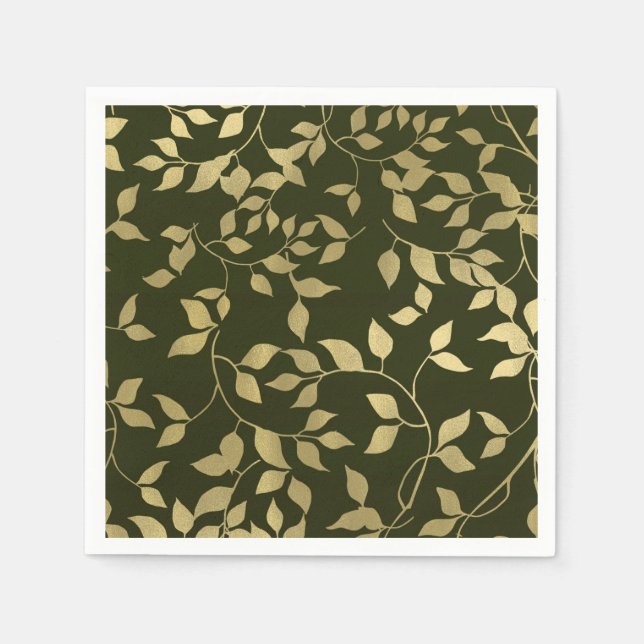 Green & Gold Faux Foil Botanical Leaves Wedding Napkin (Front)