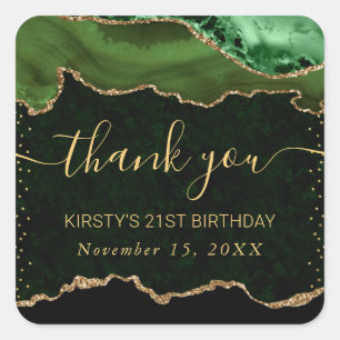Green  & Gold Faux Glitter Agate Marble Birthday Square Sticker
