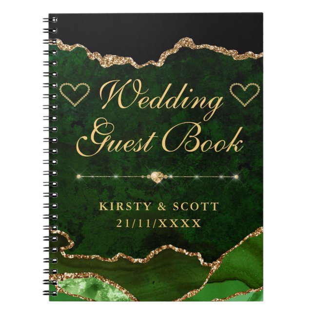 Green Gold Faux Glitter Agate Wedding Guest Book (Front)