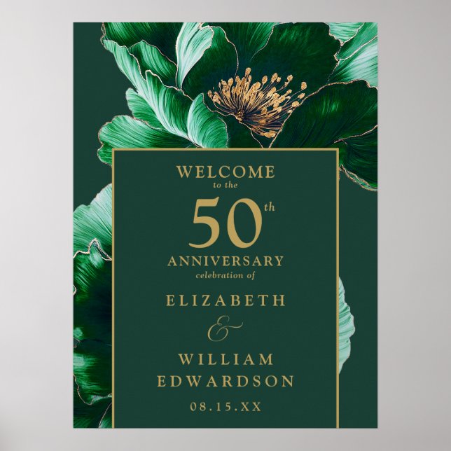 Green Gold Floral 50th Anniversary Welcome Sign (Front)