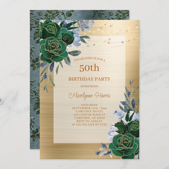 Green Gold Floral 50th Birthday Invitation (Front/Back)