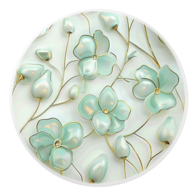 Green Gold Floral Ceramic Knob (Front)