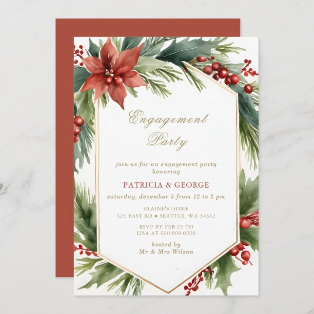 Green Gold Floral Christmas Engagement Party Invitation (Front/Back)